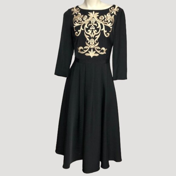 NWOT Ted Baker Shamari Metallic Embroidered Gold Filigree Bodice Flare Dress - Picture 2 of 16